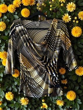 Worthington Petite Stretch Vintage Black & Yellow Abstract Stripe Drape-Neck Top